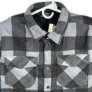 Members Mark Mens Fleece Shacket Grey Black Buffalo Plaid Sherpa Lined Large NEW